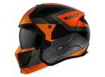 Sidovy av MT Helmets öppen MC-hjälm Streetfighter SV S Totem B4 i orange och svart, med aerodynamisk form och stilren grafik.