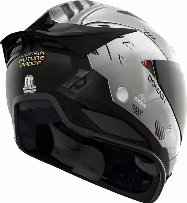Baksidan av Icon Integral Mc-Hjälm Domain™ Future Proof med texten 'Future Proof' och DOT-certifiering. Optimal komfort och skydd för motorcyklister.