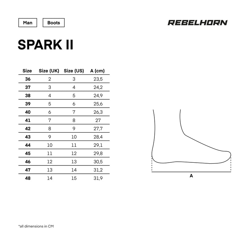 Storlekstabell för Rebelhorn Unisex Mc-Skor Spark II Svart/Röd, med EU-, US-storlekar och fotmått i centimeter.